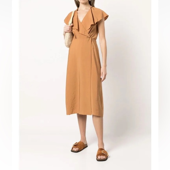 Vince Dresses 596 Vince Womens Midi Trim Flutter Slv Wrap Dress Xs